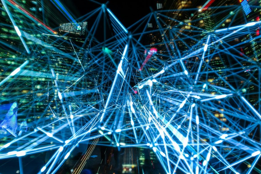 an image showing flashes of blue light featuring a dense network