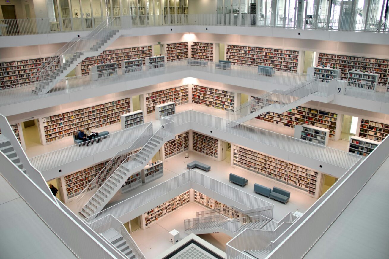 library - view on rows of books from a high perspective