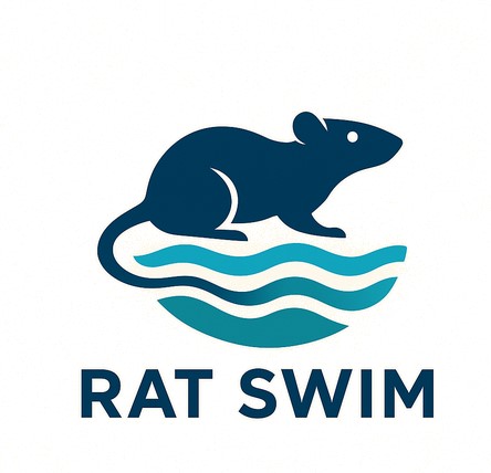 RatSwim logo: drawing of a rat colored in blue pausing on top of waves that illustrate water