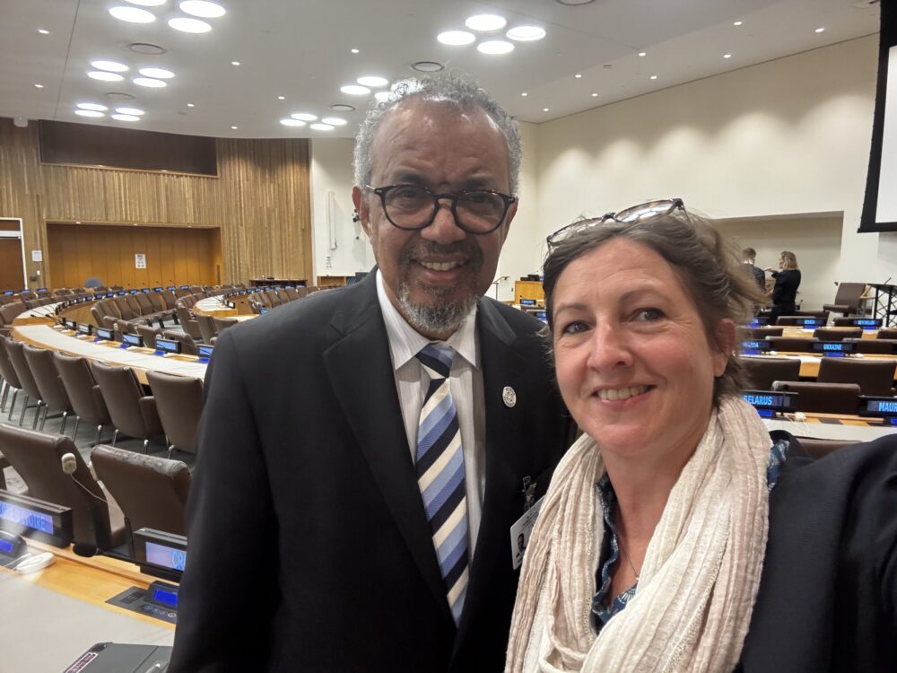 photo presenting two persons: Dr Tedros in a UN room, WHO, and Dr Marisa Peyre, PREZODE.